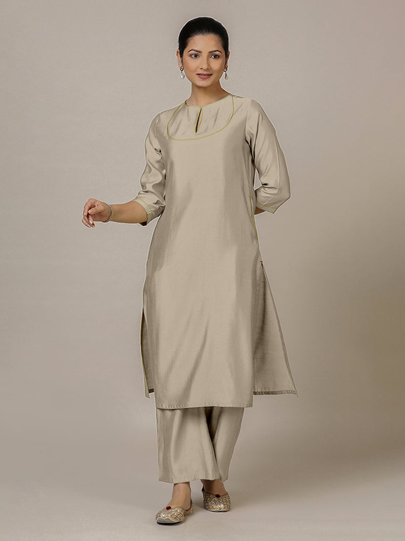 Zoya x Rozaana | A Line Kurta in Oyster Grey with Thread Work | Coords or Only Kurta-Binks