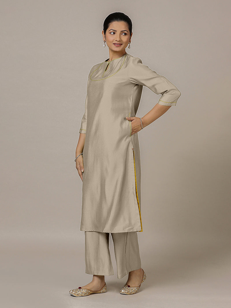 Zoya x Rozaana | A Line Kurta in Oyster Grey with Thread Work | Coords or Only Kurta-Binks