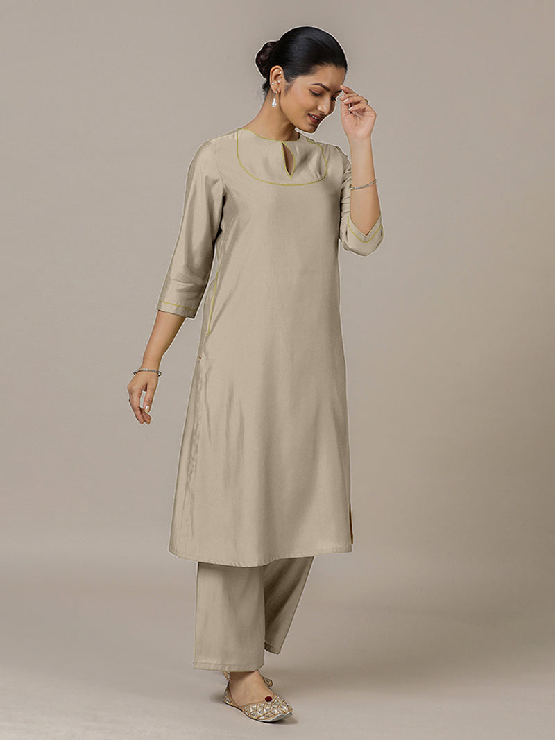 Zoya x Rozaana | A Line Kurta in Oyster Grey with Thread Work | Coords or Only Kurta-Binks