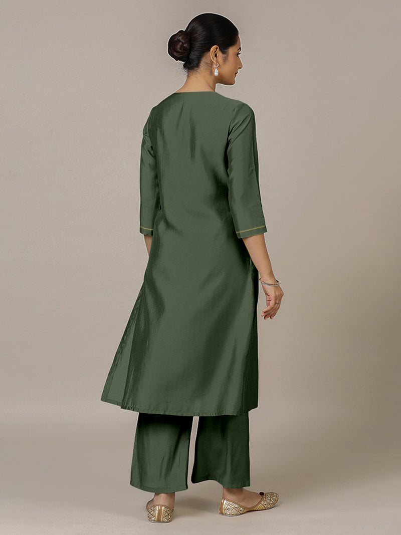Zoya x Rozaana | A Line Kurta in Pine Green with Thread Work | Coords or Only Kurta-Binks