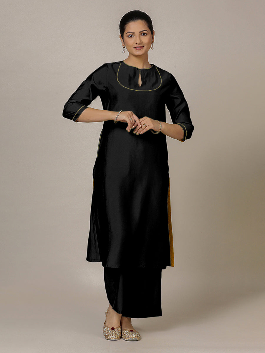Zoya x Rozaana Kurta, in Black Viscose, featuring three quarter sleeves and keyhole neckline, made for daily & work (view 7).