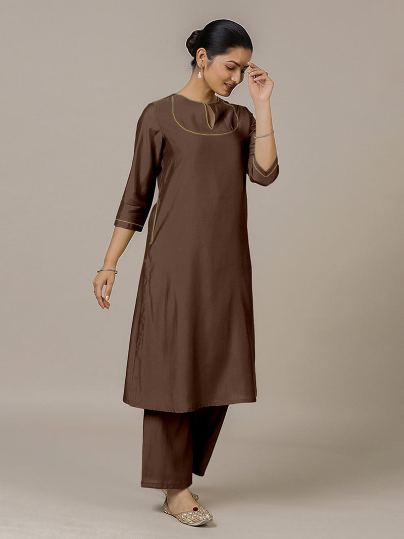 Zoya x Rozaana | A Line Kurta in Walnut Brown with Thread Work | Coords or Only Kurta-Binks