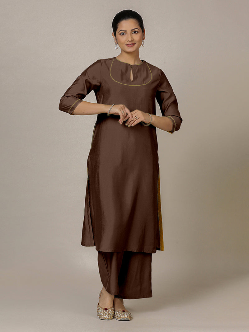 Zoya x Rozaana | A Line Kurta in Walnut Brown with Thread Work | Coords or Only Kurta-Binks