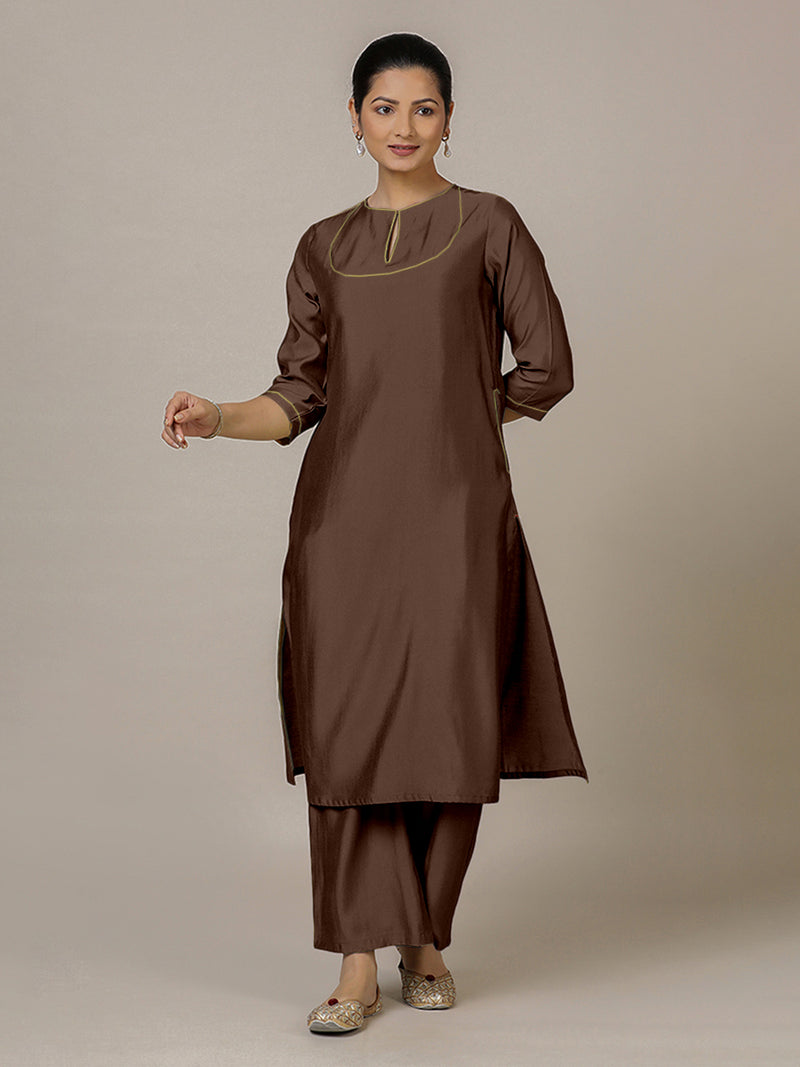 Zoya x Rozaana | A Line Kurta in Walnut Brown with Thread Work | Coords or Only Kurta-Binks