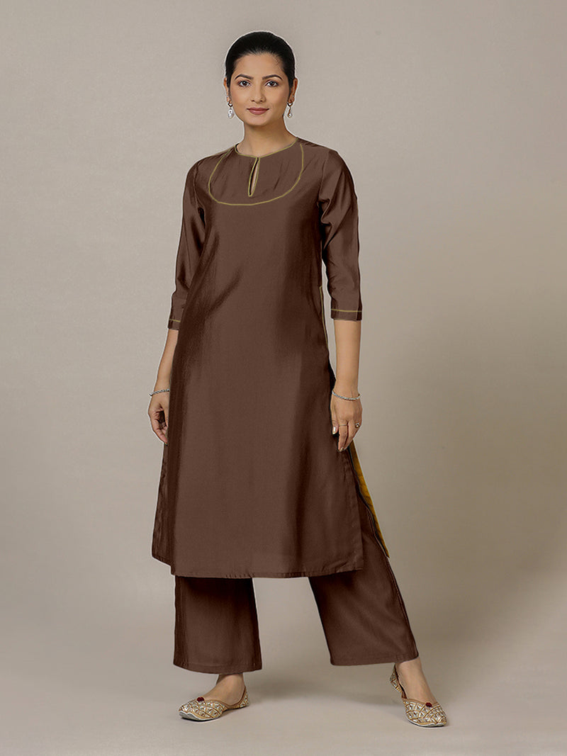 Zoya x Rozaana | A Line Kurta in Walnut Brown with Thread Work | Coords or Only Kurta-Binks