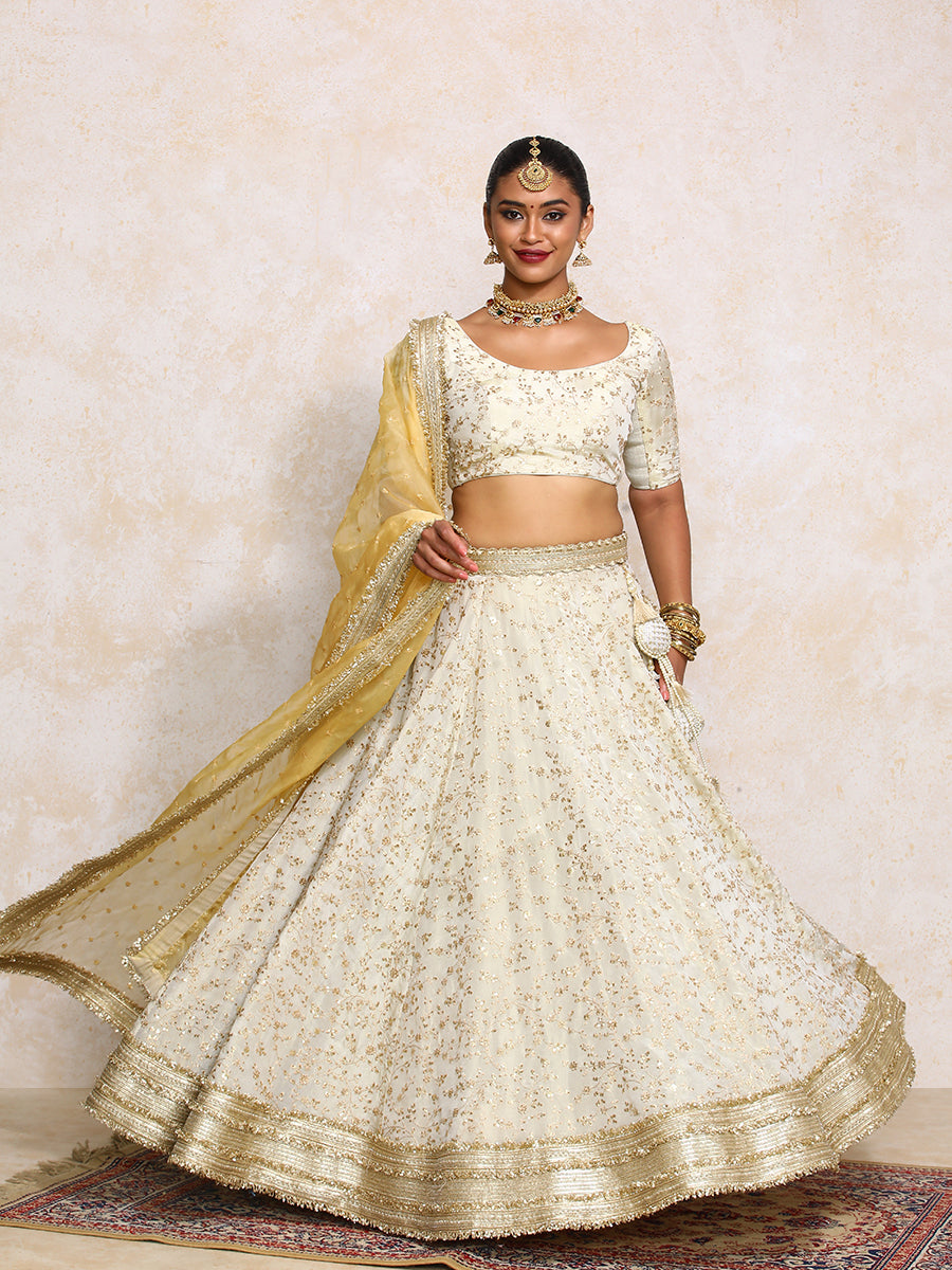 Aabroo x Tyohaar | Cream Embroidered Tissue FlareFit™ Lehenga Set with Dupatta