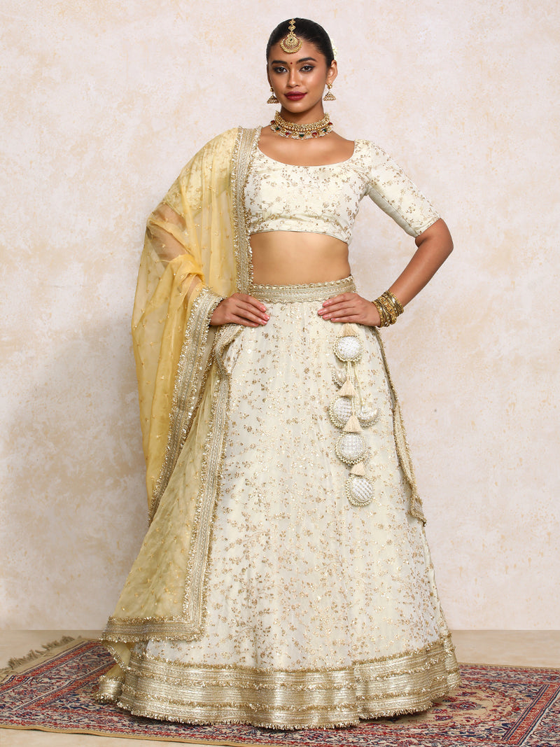 Aabroo x Tyohaar | Cream Embroidered Tissue FlareFit™ Lehenga Set with Dupatta-Binks