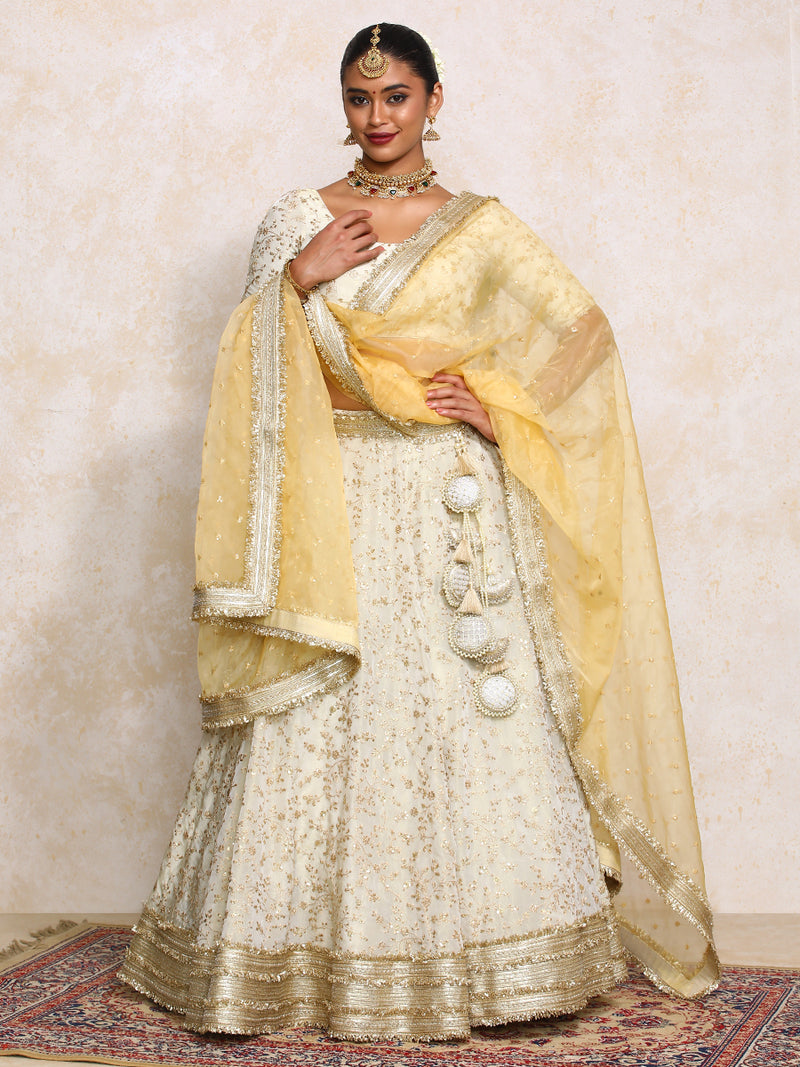 Aabroo x Tyohaar | Cream Embroidered Tissue FlareFit™ Lehenga Set with Dupatta-Binks