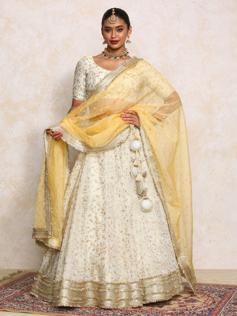 Aabroo x Tyohaar | Cream Embroidered Tissue FlareFit™ Lehenga Set with Dupatta-Binks