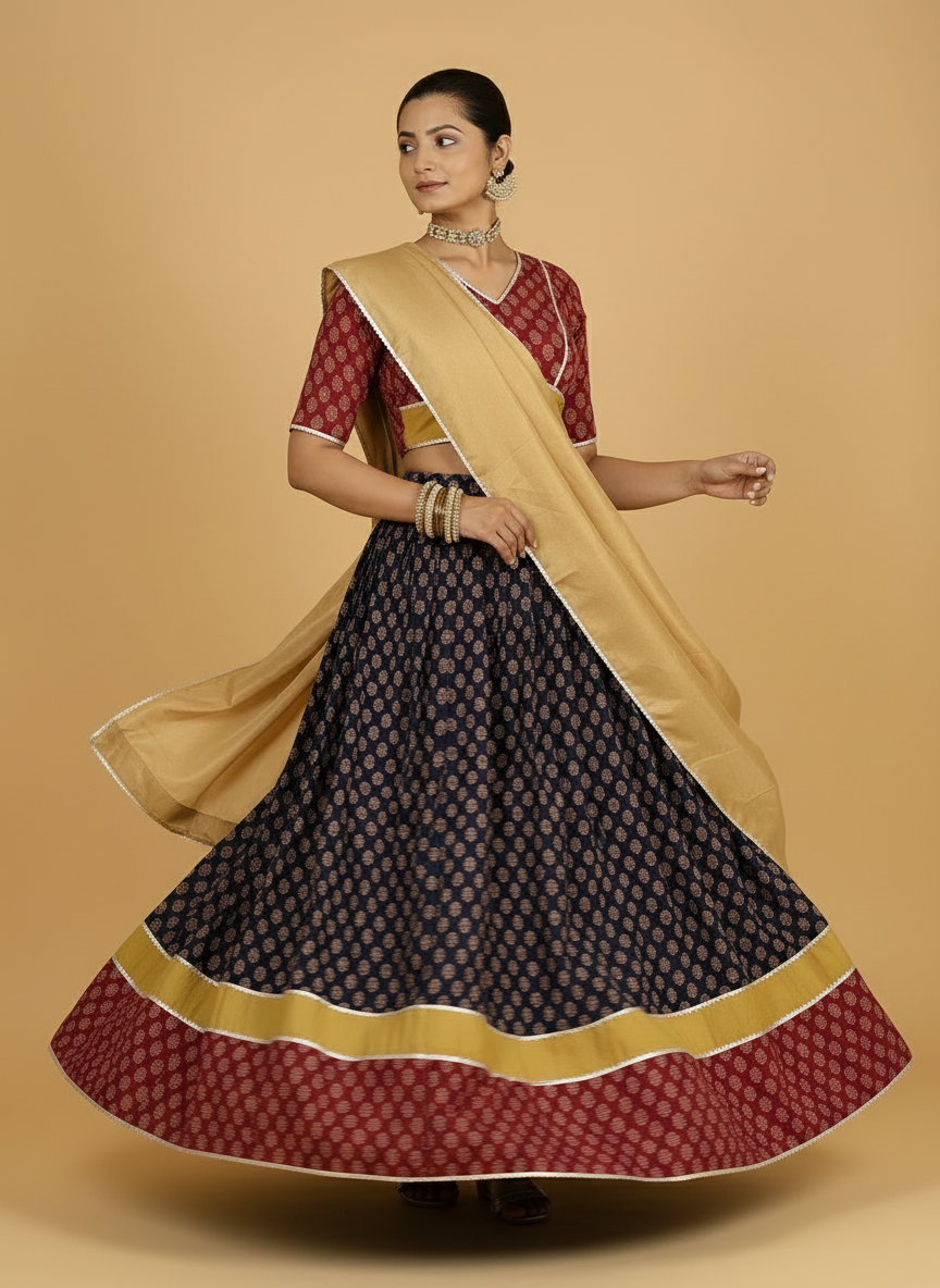 Aarohi x Tyohaar | Red, Yellow & Black Handblock Printed FlareFit™ Lehenga Set with Dupatta