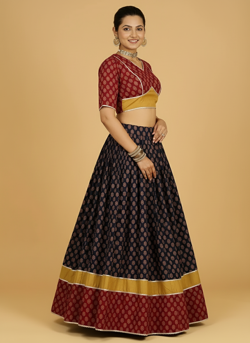 Aarohi x Tyohaar Lehenga Set, in Multicolour 100% Cotton - Block Printed, featuring elbow sleeves and v-neckline (view 2).