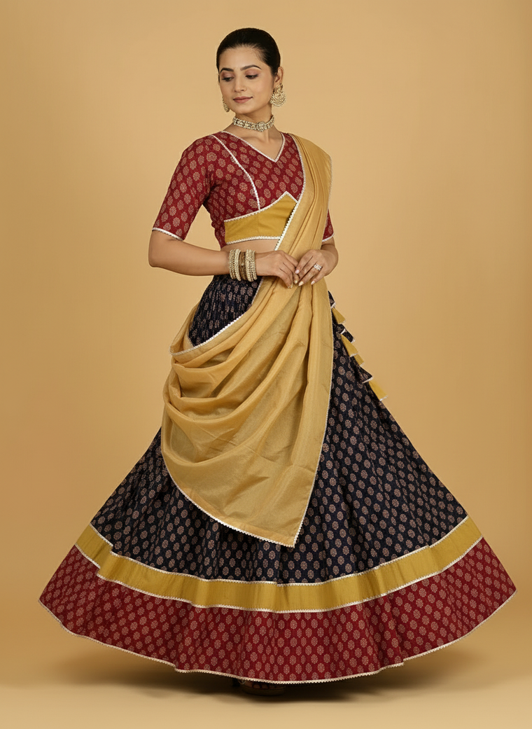 Aarohi x Tyohaar Lehenga Set, in Multicolour 100% Cotton - Block Printed, featuring elbow sleeves and v-neckline (view 3).