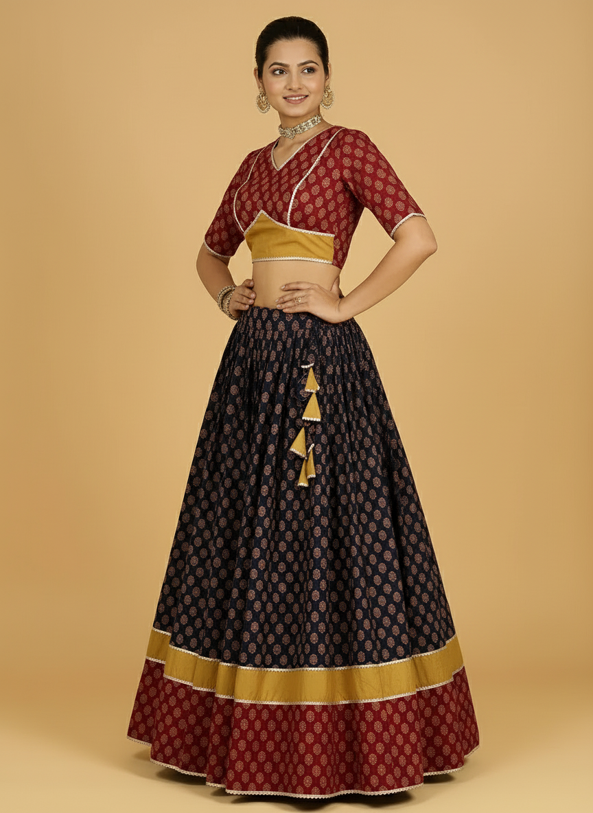 Aarohi x Tyohaar Lehenga Set, in Multicolour 100% Cotton - Block Printed, featuring elbow sleeves and v-neckline (view 4).
