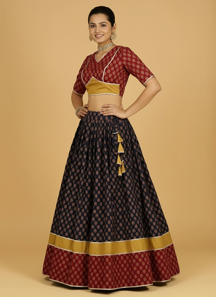 Aarohi x Tyohaar Lehenga Set, in Multicolour 100% Cotton - Block Printed, featuring elbow sleeves and v-neckline (view 5).