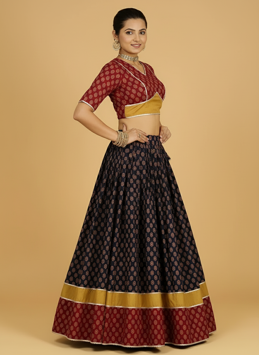 Aarohi x Tyohaar Lehenga Set, in Multicolour 100% Cotton - Block Printed, featuring elbow sleeves and v-neckline (view 6).