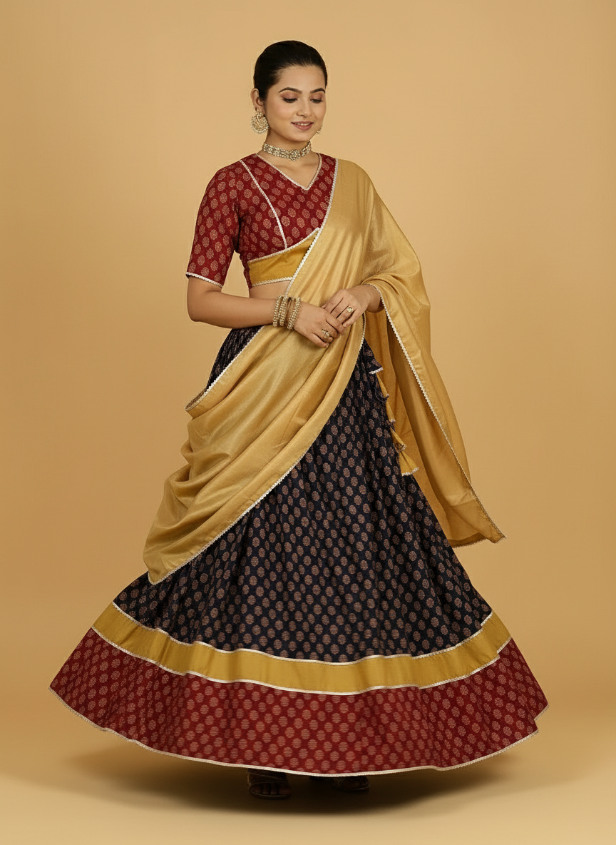 Aarohi x Tyohaar Lehenga Set, in Multicolour 100% Cotton - Block Printed, featuring elbow sleeves and v-neckline (view 7).