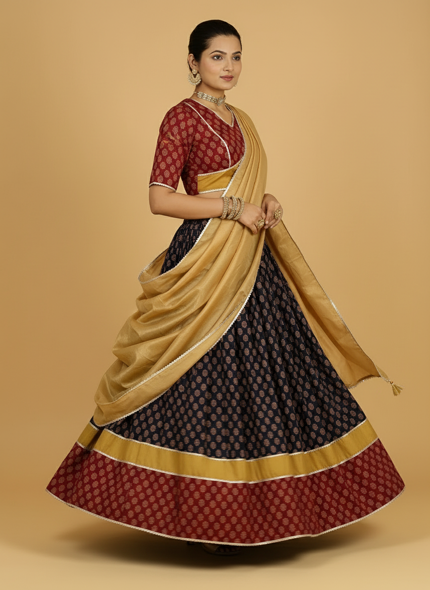 Aarohi x Tyohaar Lehenga Set, in Multicolour 100% Cotton - Block Printed, featuring elbow sleeves and v-neckline (view 8).