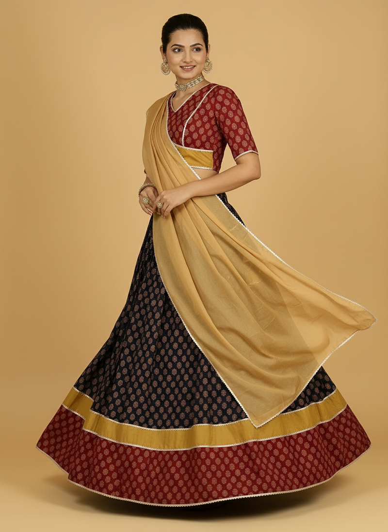 Aarohi x Tyohaar | Red, Yellow & Black Navratri Handblock Printed Lehenga Set-Binks
