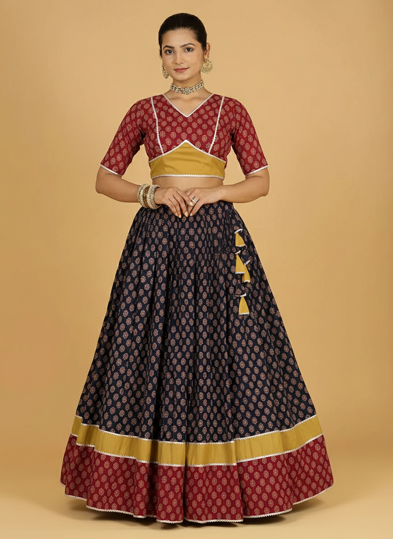 Aarohi x Tyohaar | Red, Yellow & Black Navratri Handblock Printed Lehenga Set-Binks