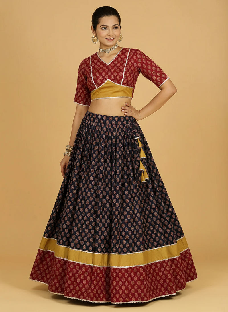 Aarohi x Tyohaar | Red, Yellow & Black Navratri Handblock Printed Lehenga Set-Binks