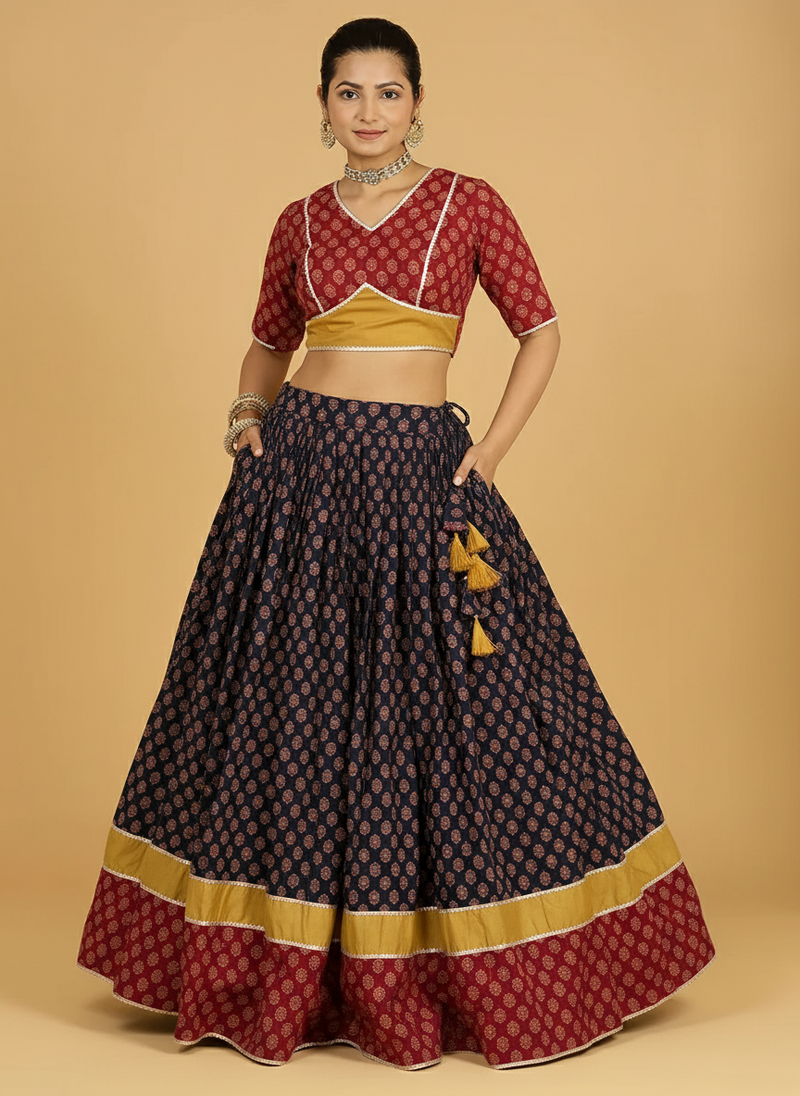 Aarohi x Tyohaar | Red, Yellow & Black Navratri Handblock Printed Lehenga Set-Binks