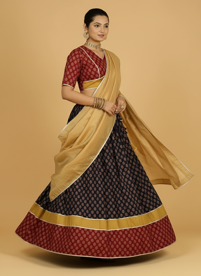Aarohi x Tyohaar | Red, Yellow & Black Navratri Handblock Printed Lehenga Set-Binks