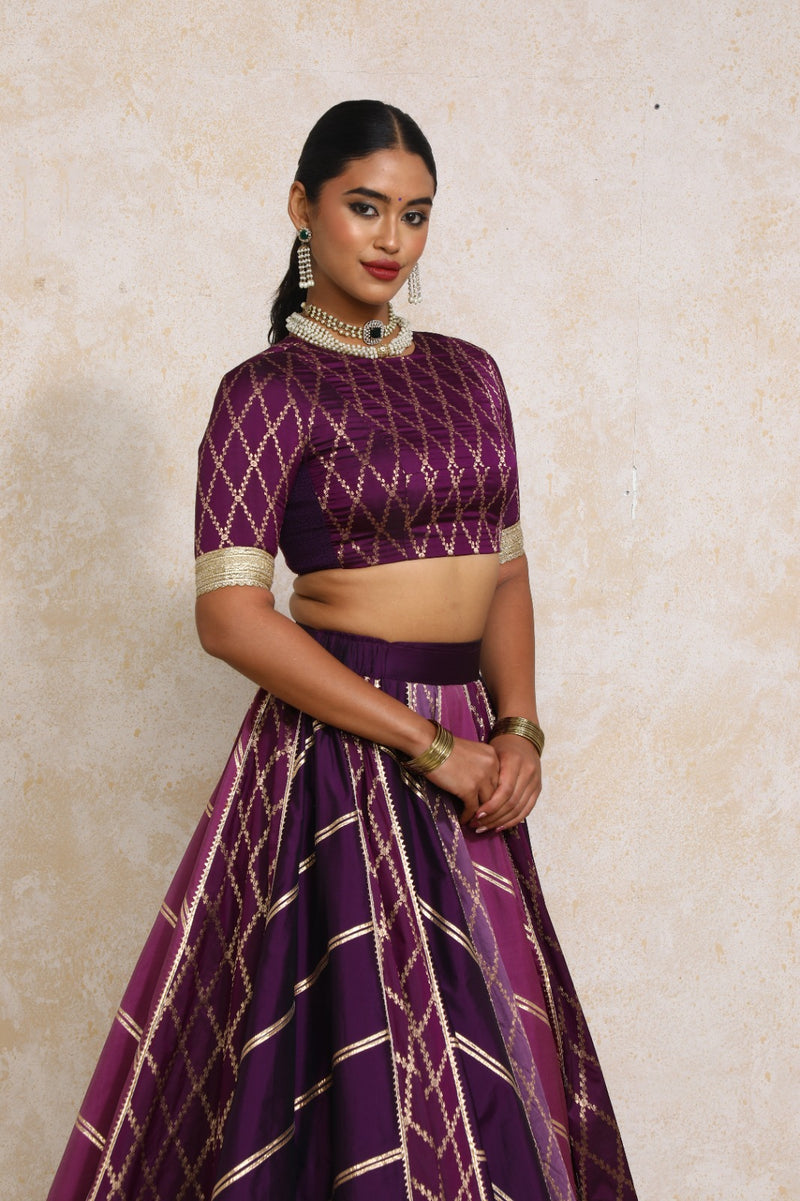 Afsana x Tyohaar | Purple Vine Mesh Brocade FlareFit™ Lehenga Set with Dupatta-Binks