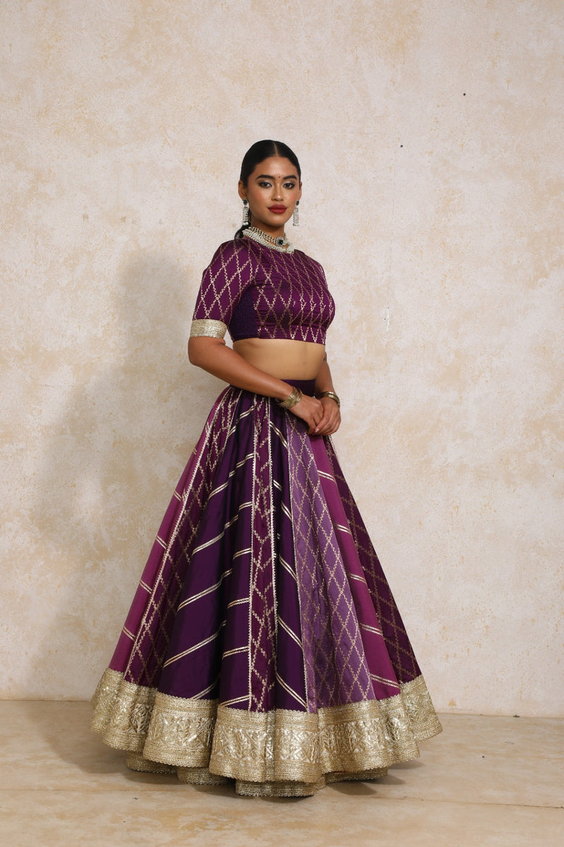 Afsana x Tyohaar | Purple Vine Mesh Brocade FlareFit™ Lehenga Set with Dupatta-Binks