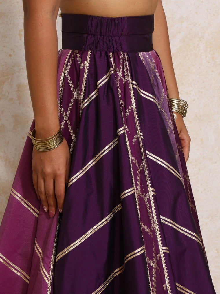Afsana x Tyohaar Lehenga Set, in Purple Viscose Silk Brocade, featuring elbow sleeves and jewel neckline (view 3).