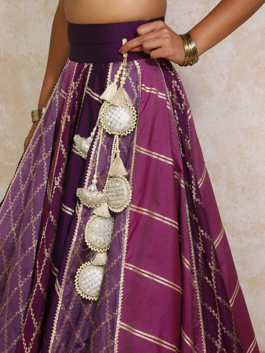 Afsana x Tyohaar Lehenga Set, in Purple Viscose Silk Brocade, featuring elbow sleeves and jewel neckline (view 6).