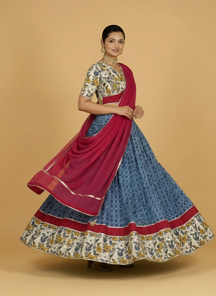 Amba x Tyohaar Lehenga Set, in Blue 100% Cotton - Block Printed, featuring elbow sleeves and v-neckline.