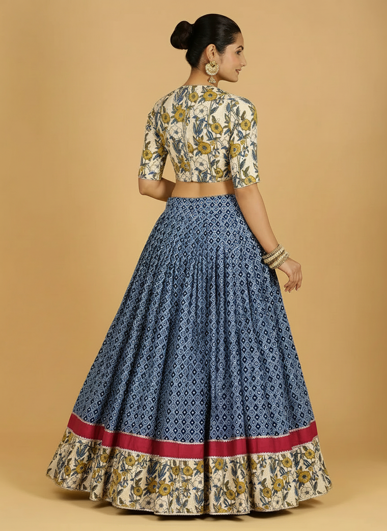 Amba x Tyohaar Lehenga Set, in Blue 100% Cotton - Block Printed, featuring elbow sleeves and v-neckline (view 3).
