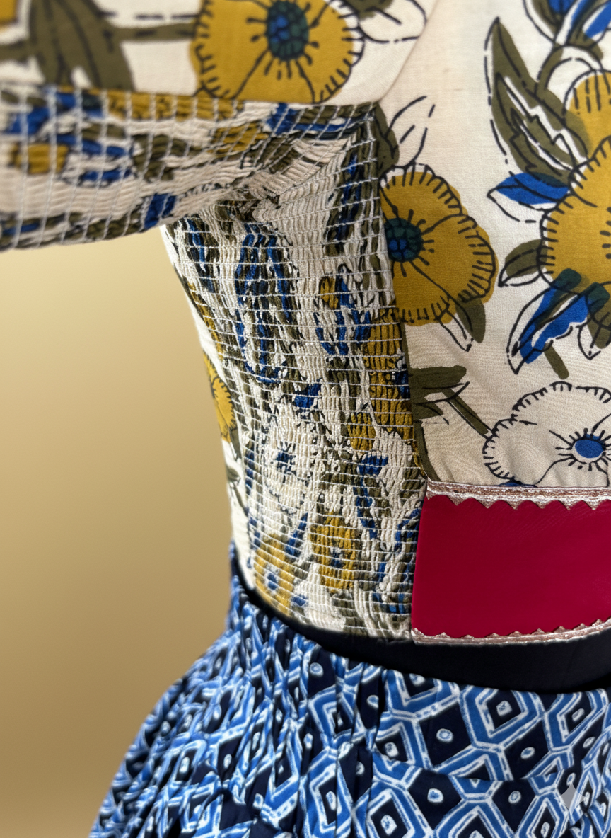 Amba x Tyohaar Lehenga Set, in Blue 100% Cotton - Block Printed, featuring elbow sleeves and v-neckline (view 4).