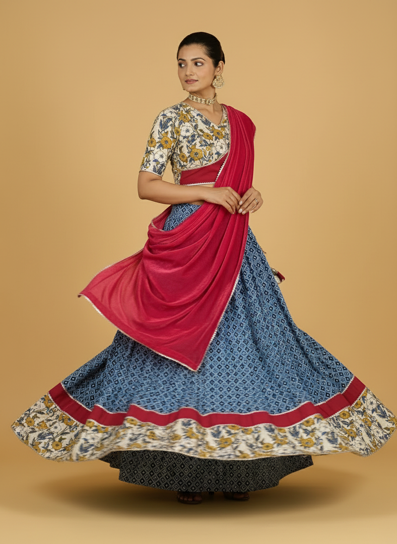 Amba x Tyohaar | Blue & Green Navratri Handblock Printed Lehenga Set-Binks