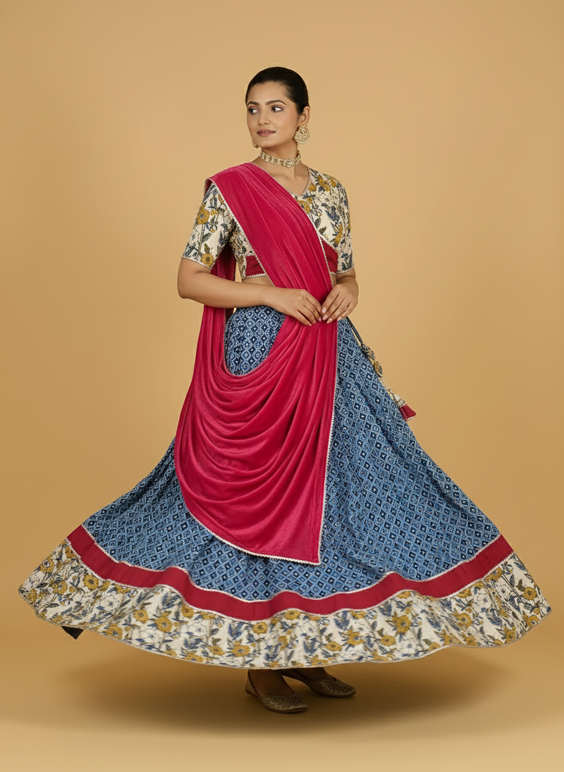 Amba x Tyohaar | Blue & Green Navratri Handblock Printed Lehenga Set-Binks