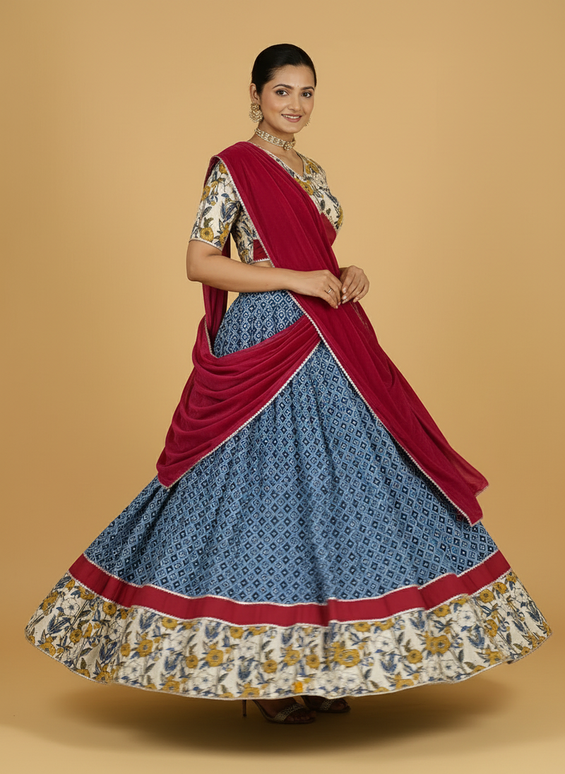 Amba x Tyohaar | Blue & Green Navratri Handblock Printed Lehenga Set-Binks