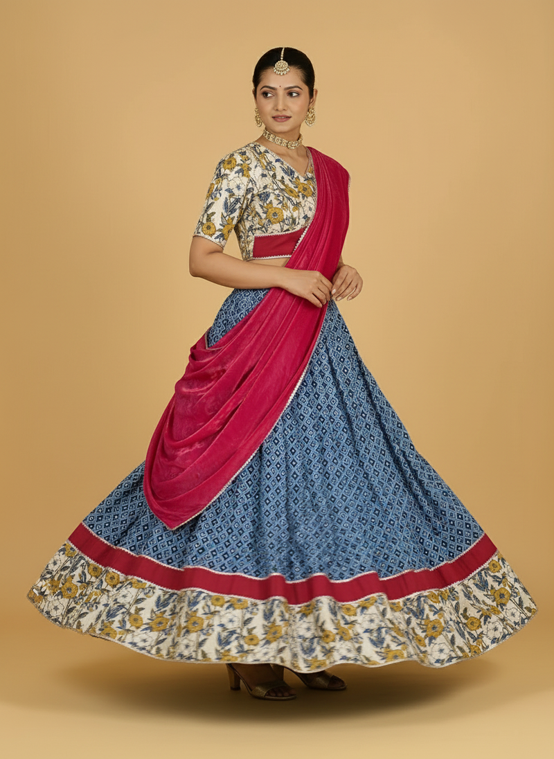 Amba x Tyohaar | Blue & Green Navratri Handblock Printed Lehenga Set-Binks