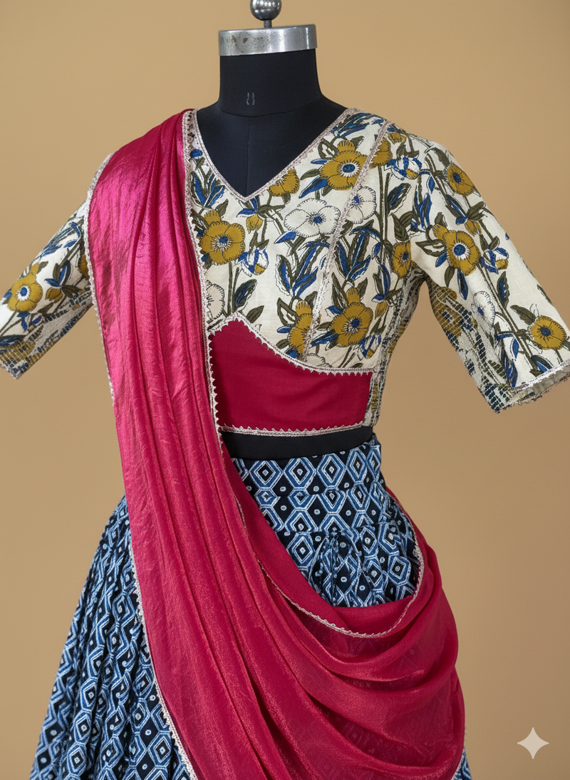 Amba x Tyohaar | Blue & Green Navratri Handblock Printed Lehenga Set-Binks