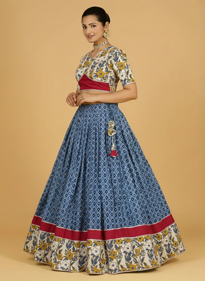 Amba x Tyohaar | Blue & Green Navratri Handblock Printed Lehenga Set-Binks