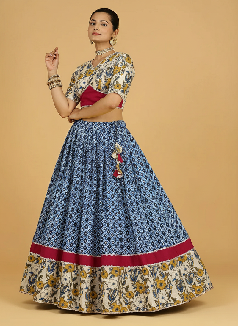 Amba x Tyohaar | Blue & Green Navratri Handblock Printed Lehenga Set-Binks