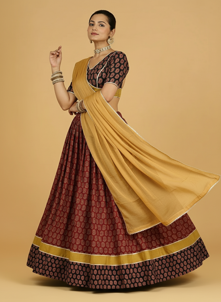 Anant x Tyohaar Lehenga Set, in Multicolour 100% Cotton - Block Printed, featuring elbow sleeves and v-neckline (view 3).