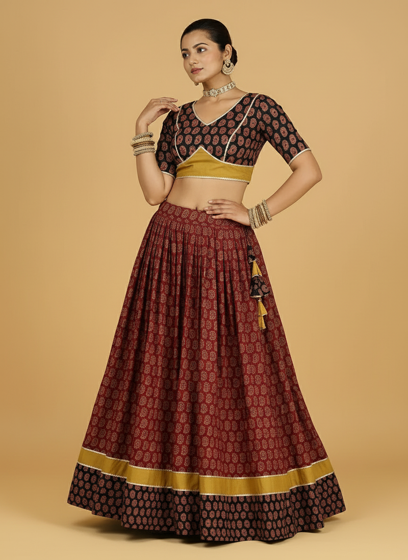 Anant x Tyohaar | Yellow, Black & Red Navratri Handblock Printed Lehenga Set-Binks