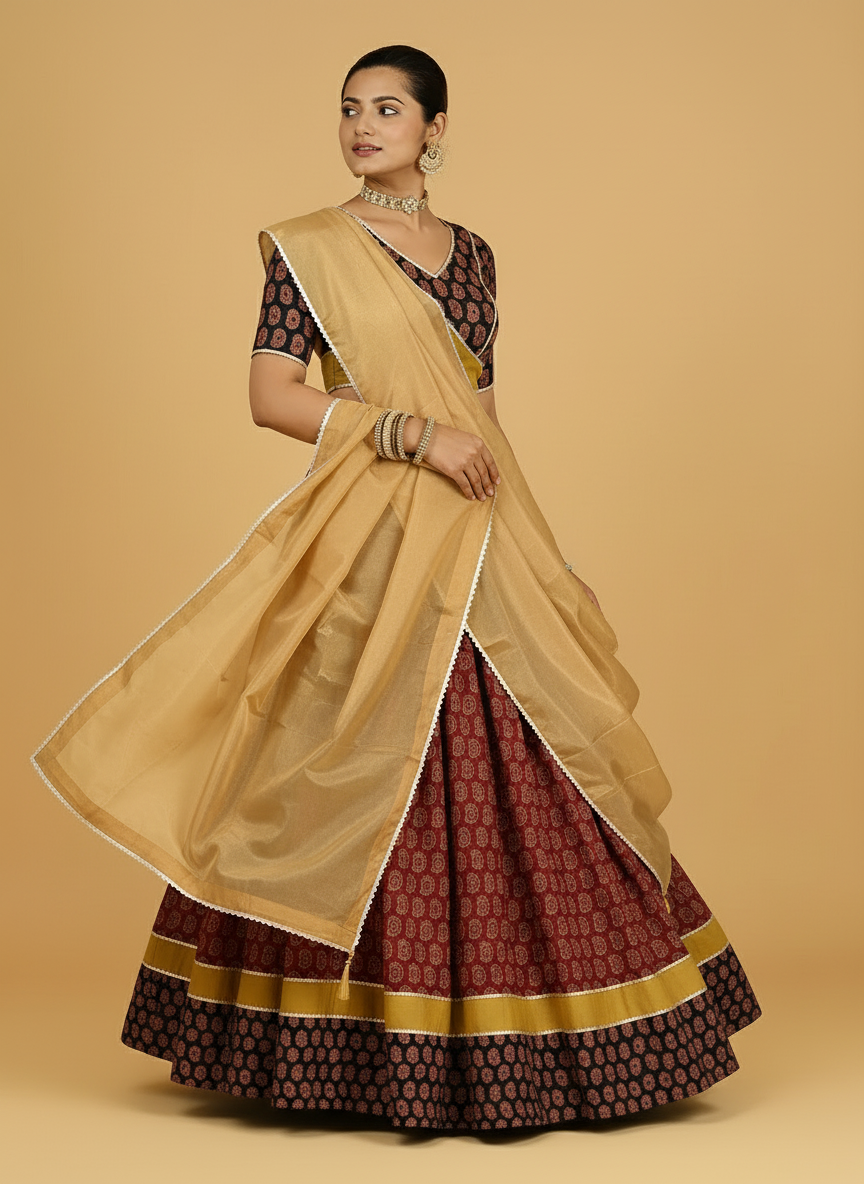 Anant x Tyohaar Lehenga Set, in Multicolour 100% Cotton - Block Printed, featuring elbow sleeves and v-neckline (view 5).