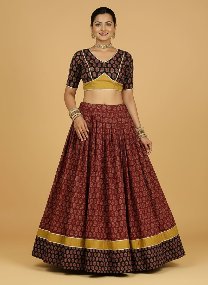 Anant x Tyohaar Lehenga Set, in Multicolour 100% Cotton - Block Printed, featuring elbow sleeves and v-neckline (view 6).