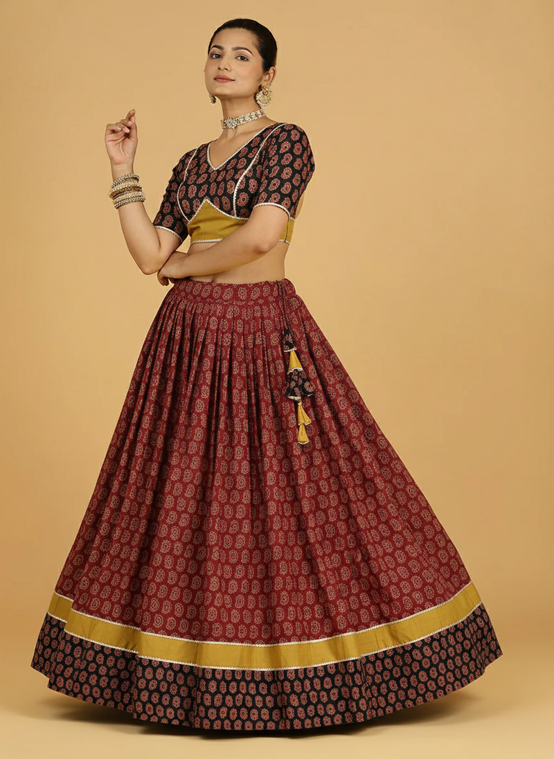 Anant x Tyohaar | Yellow, Black & Red Navratri Handblock Printed Lehenga Set-Binks