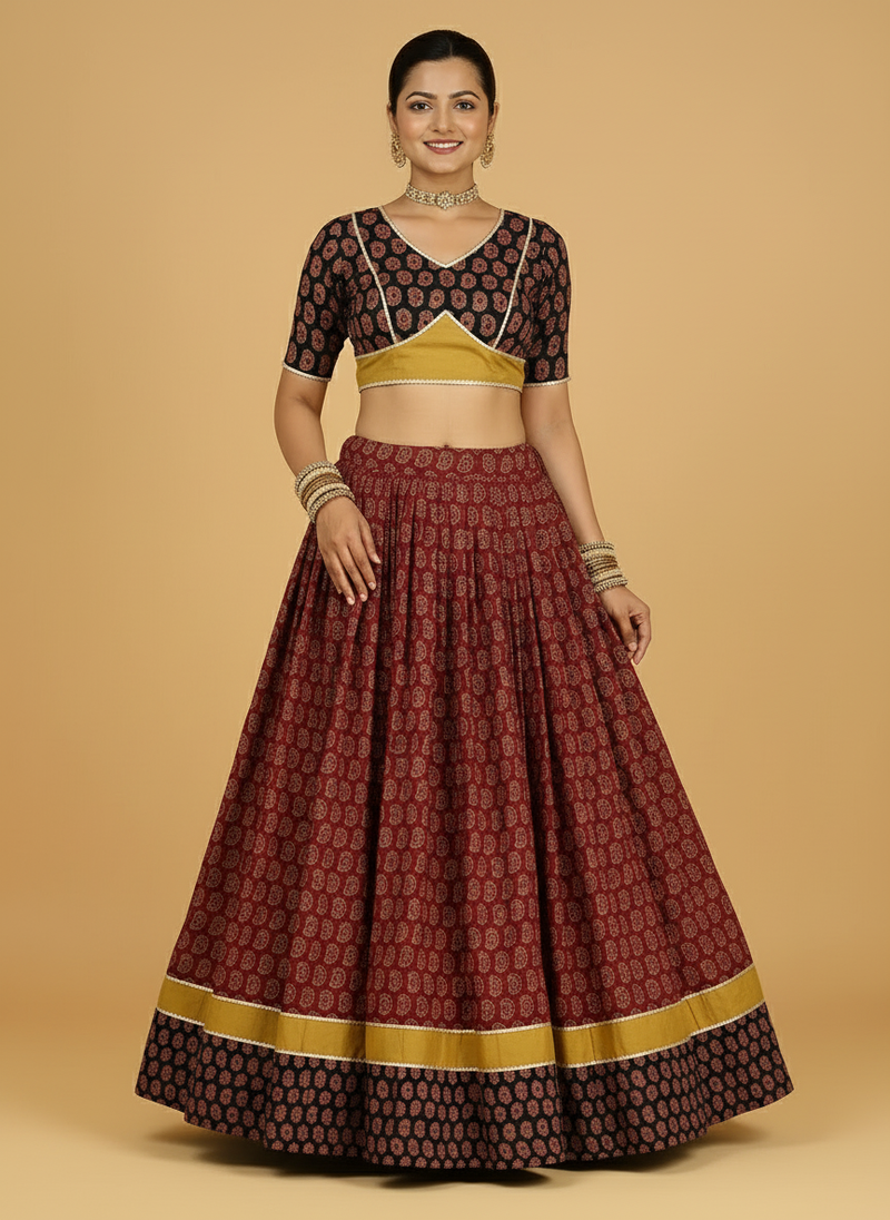 Anant x Tyohaar | Yellow, Black & Red Navratri Handblock Printed Lehenga Set-Binks
