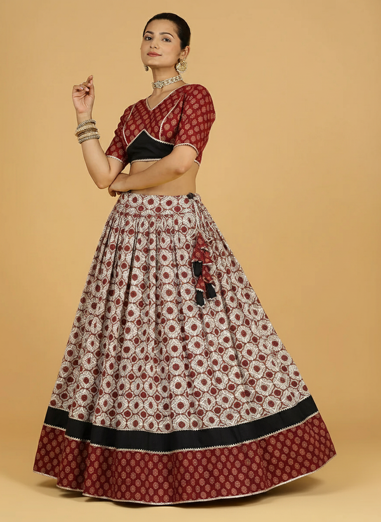 Chandrak x Tyohaar Lehenga Set, in Red 100% Cotton - Block Printed, featuring elbow sleeves and v-neckline.