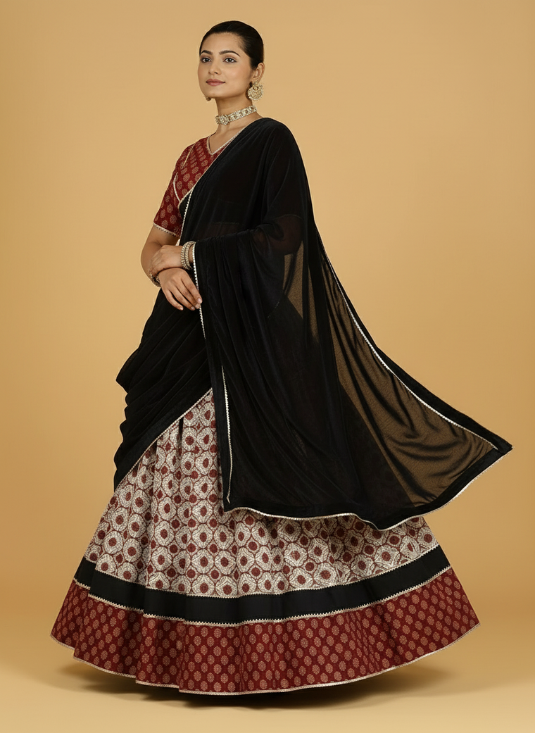 Chandrak x Tyohaar Lehenga Set, in Red 100% Cotton - Block Printed, featuring elbow sleeves and v-neckline (view 3).