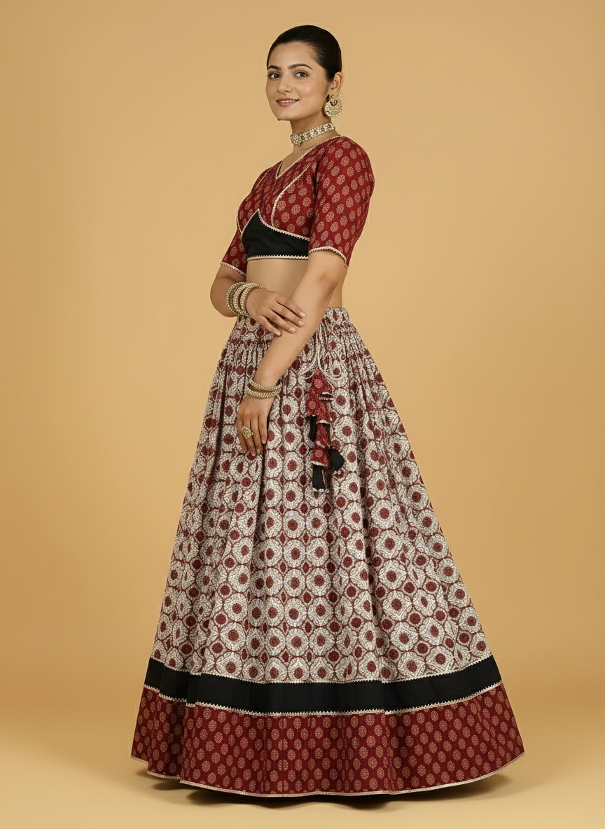 Chandrak x Tyohaar Lehenga Set, in Red 100% Cotton - Block Printed, featuring elbow sleeves and v-neckline (view 4).