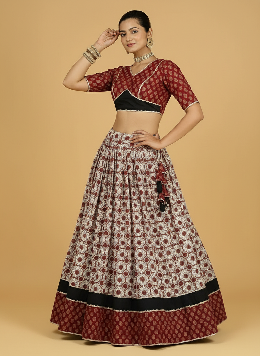Chandrak x Tyohaar Lehenga Set, in Red 100% Cotton - Block Printed, featuring elbow sleeves and v-neckline (view 7).